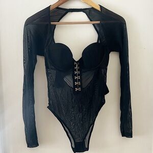 ASOS Sheer Mesh Bodysuit Black Long Sleeve Built In Bra 34B